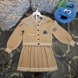 Sesame Street Beige Knit Cardigan & Skirt Set with Cookie Monster Patch